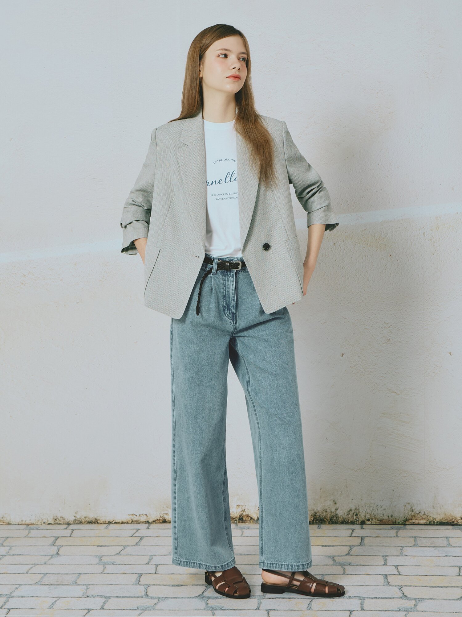 벨티드 원 턱 와이드핏 데님팬츠 (LIGHT BLUE)