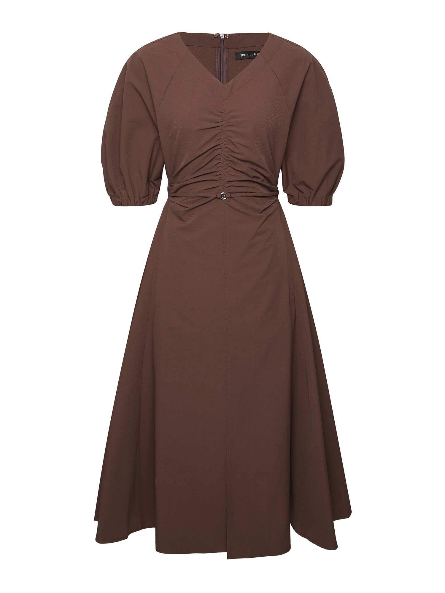 브이넥 벨티드 셔링 롱 원피스 (BROWN)