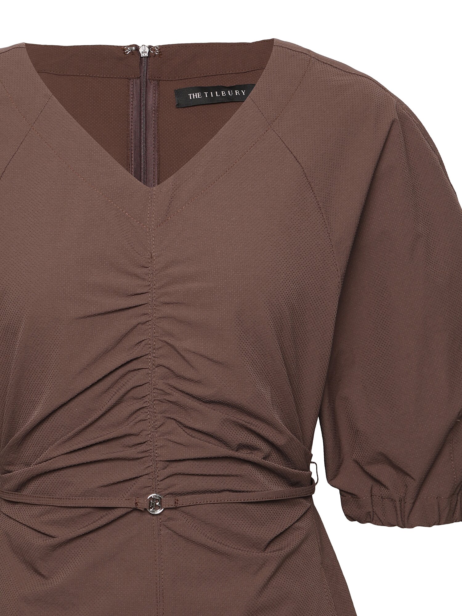 브이넥 벨티드 셔링 롱 원피스 (BROWN)