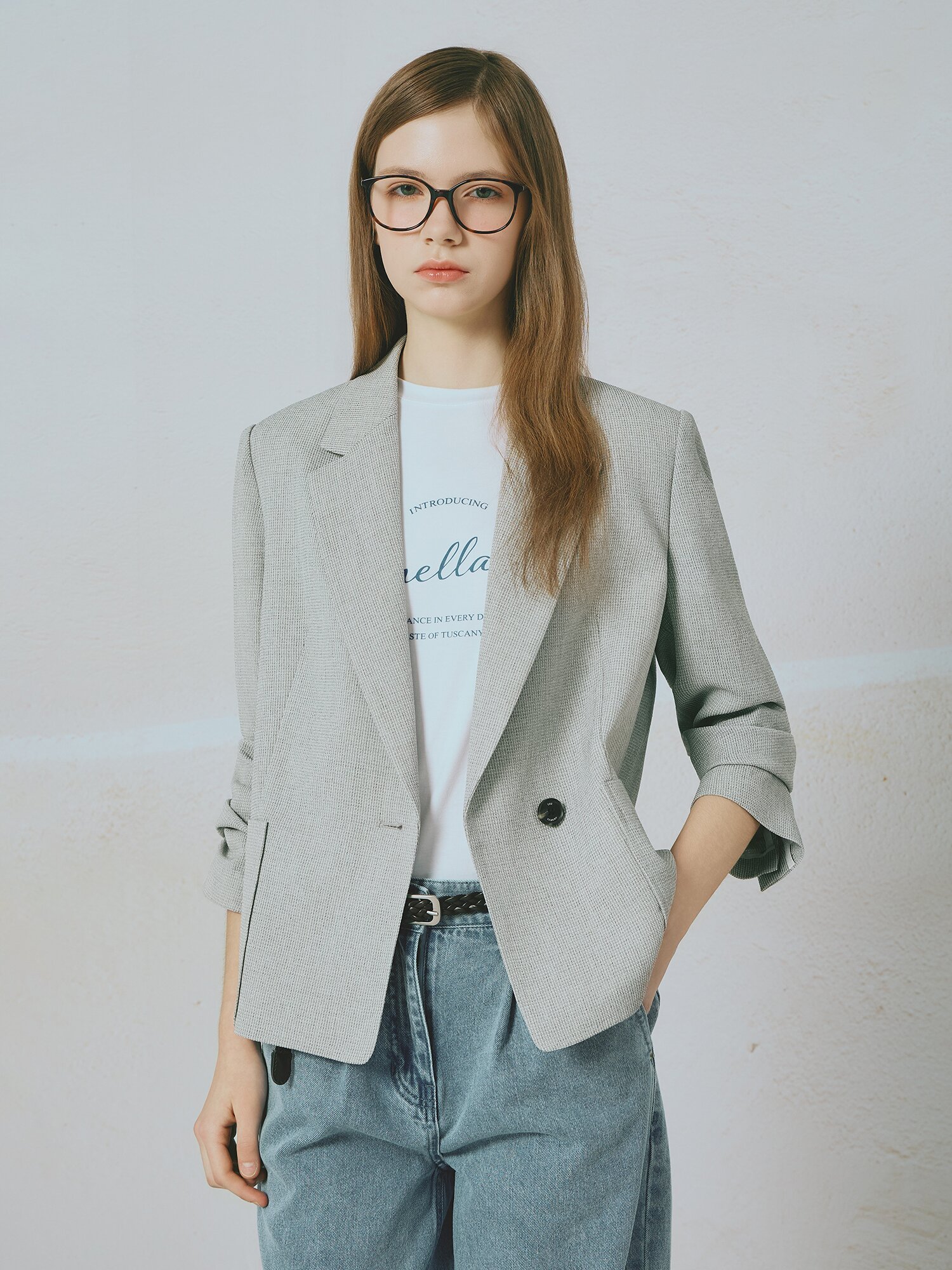 원 버튼 아웃포켓 테일러드 재킷 (MELANGE BEIGE)