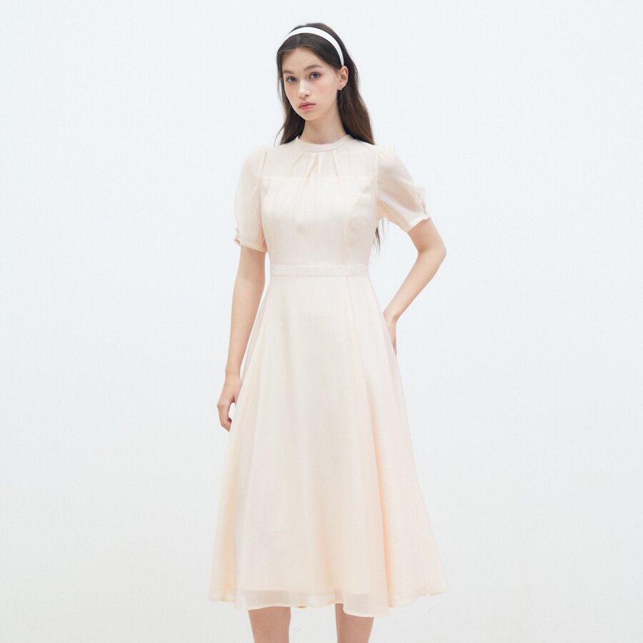 시폰 백 리본 하프넥 플레어 원피스 (BEIGE)