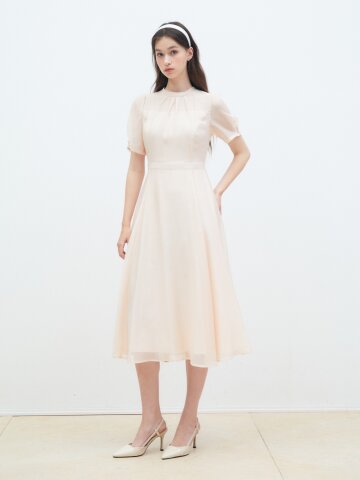 시폰 백 리본 하프넥 플레어 원피스 