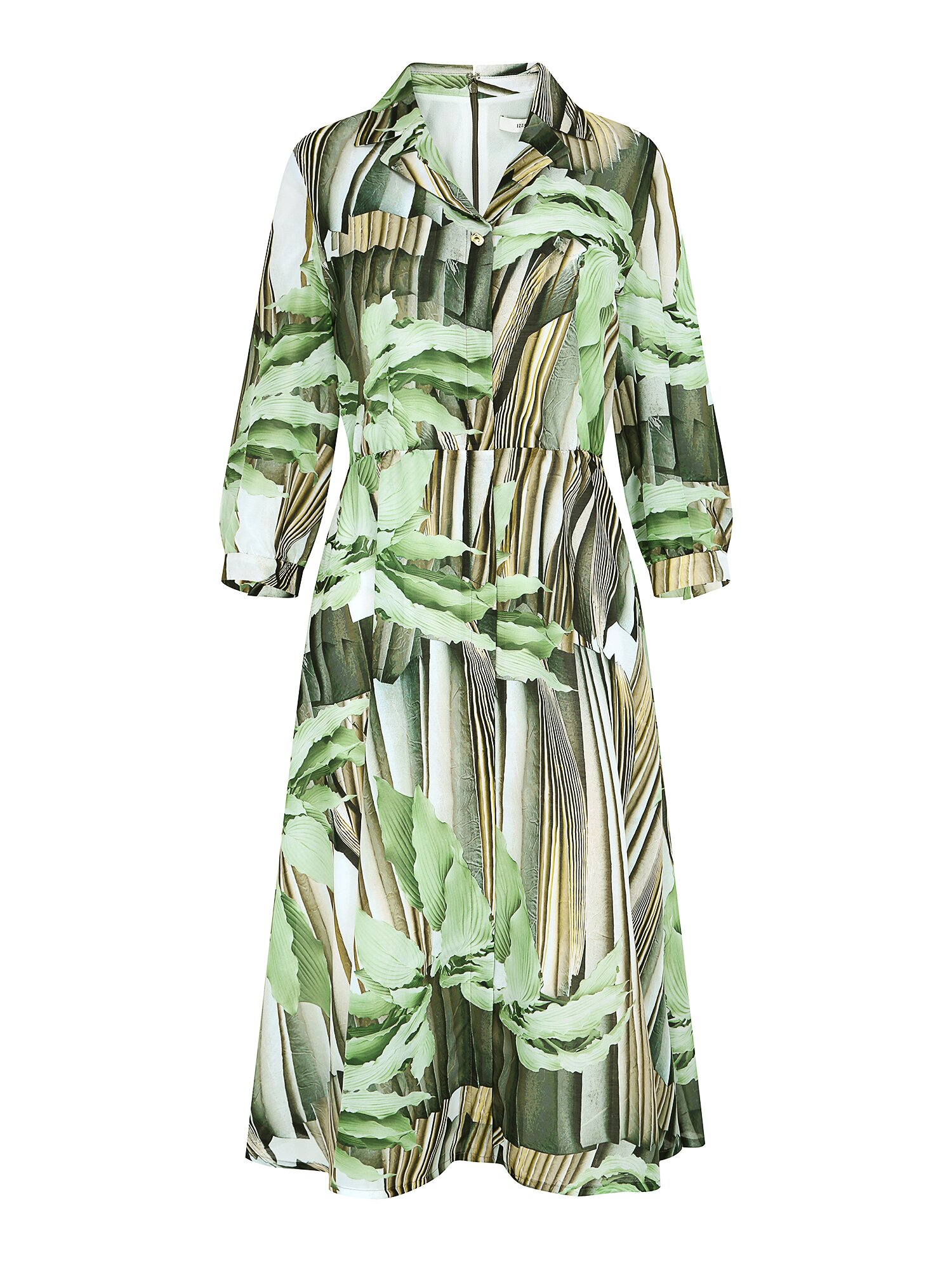 백 스모킹 오픈 칼라 플레어 원피스 (PRINT GREEN)