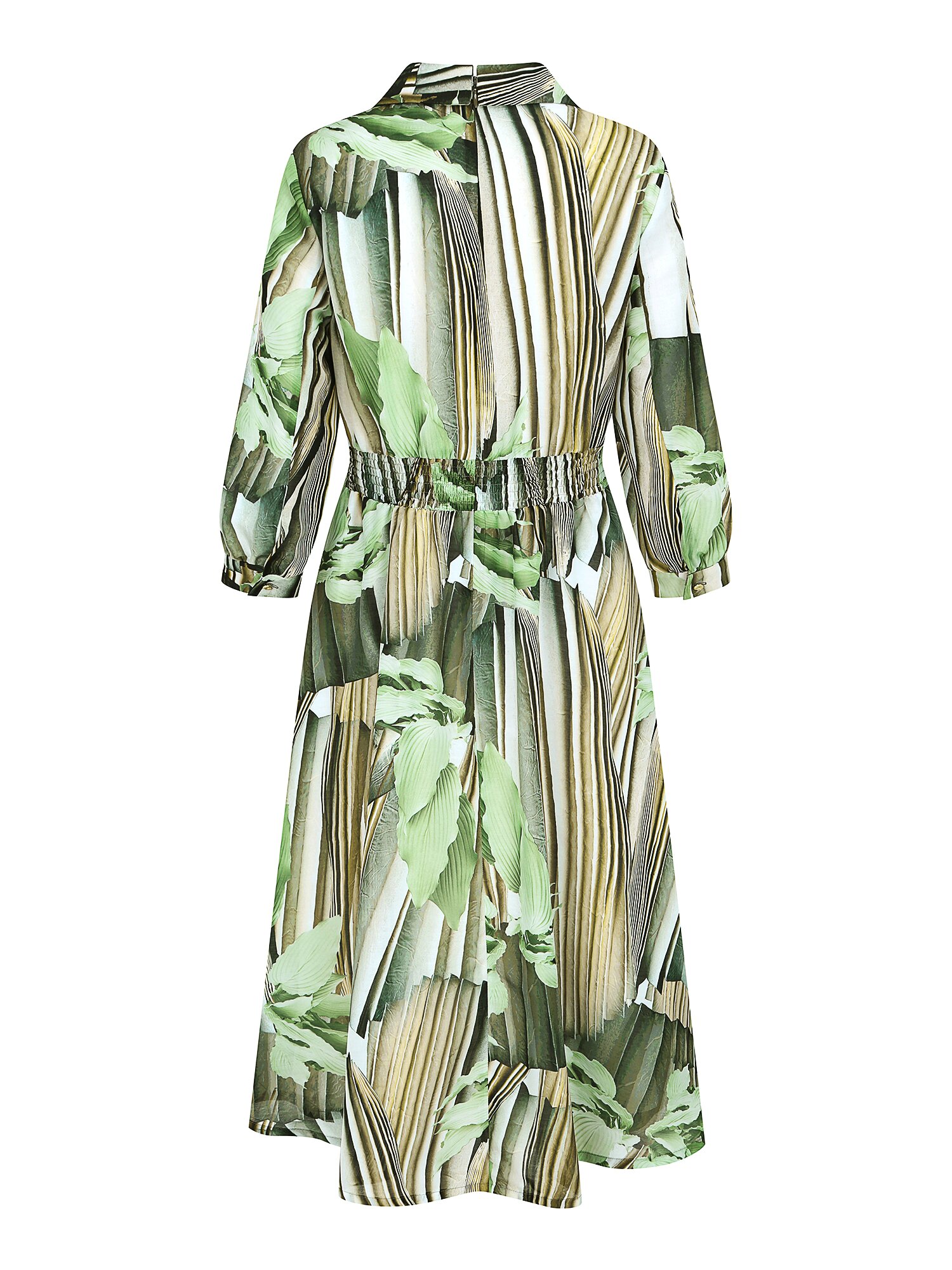 백 스모킹 오픈 칼라 플레어 원피스 (PRINT GREEN)