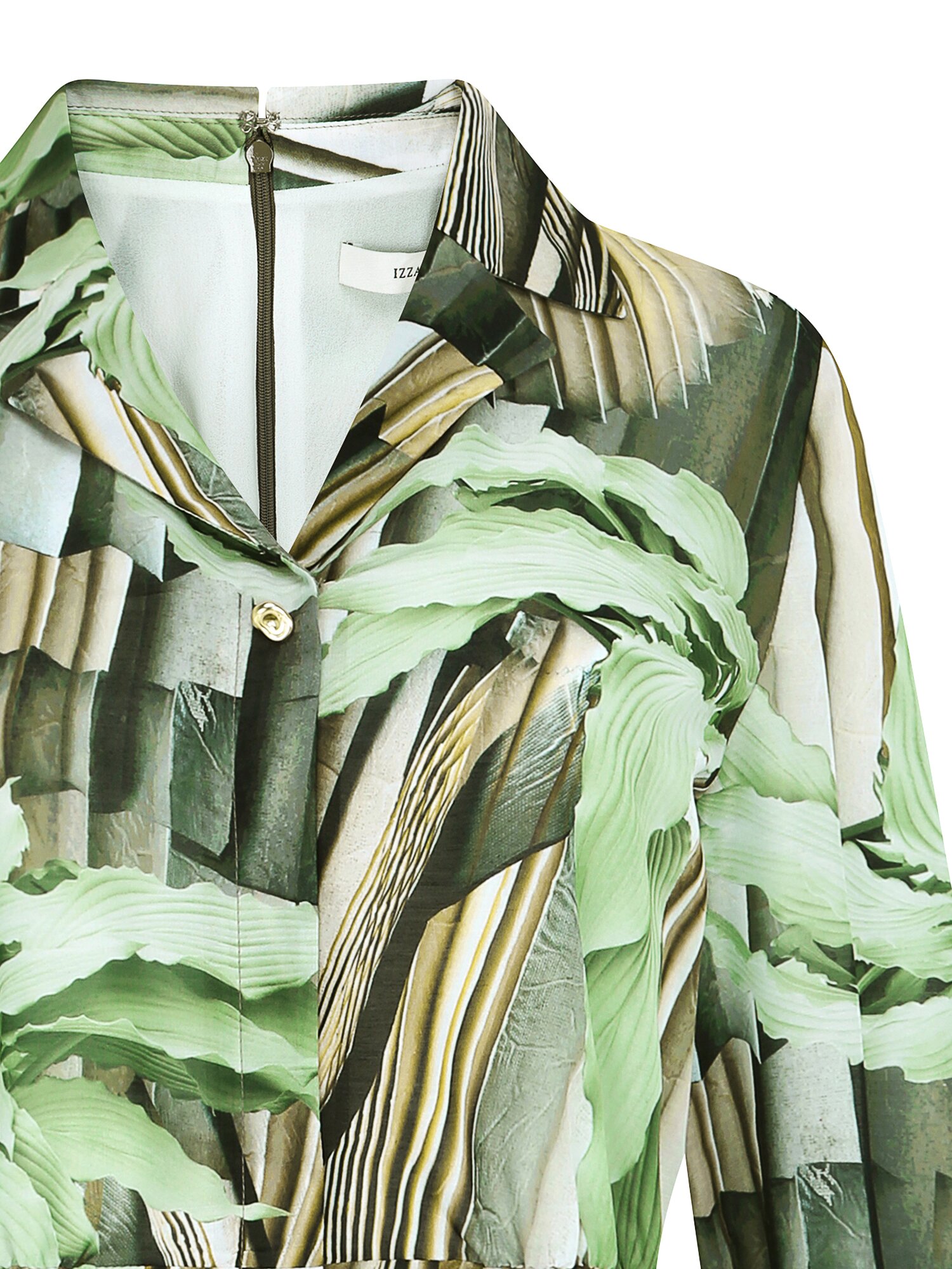 백 스모킹 오픈 칼라 플레어 원피스 (PRINT GREEN)