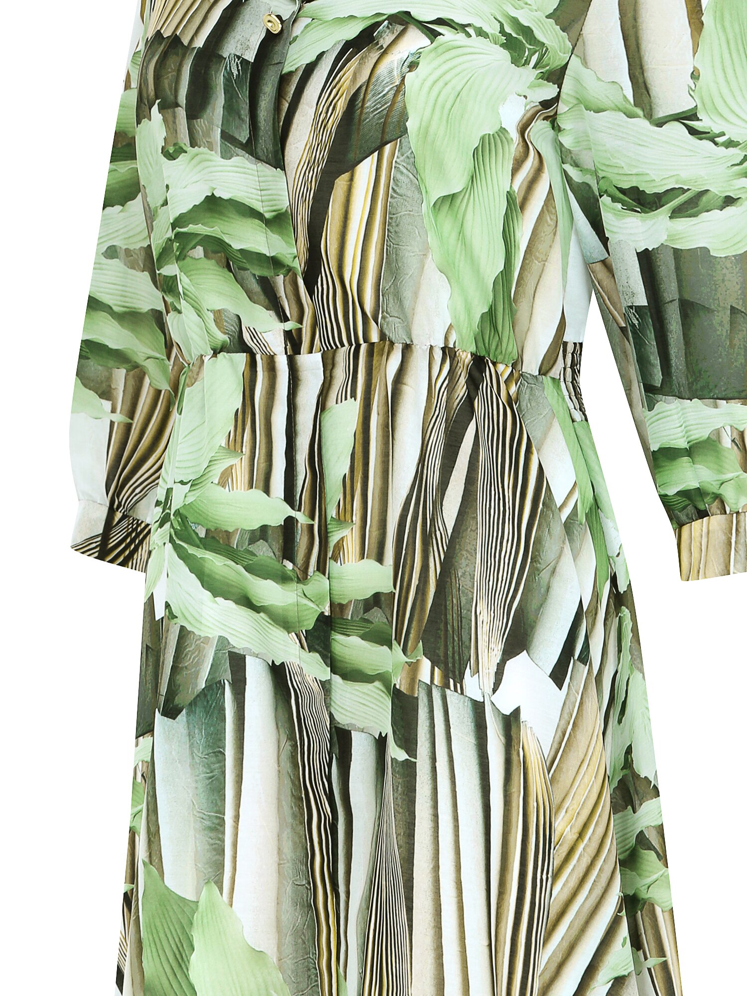 백 스모킹 오픈 칼라 플레어 원피스 (PRINT GREEN)