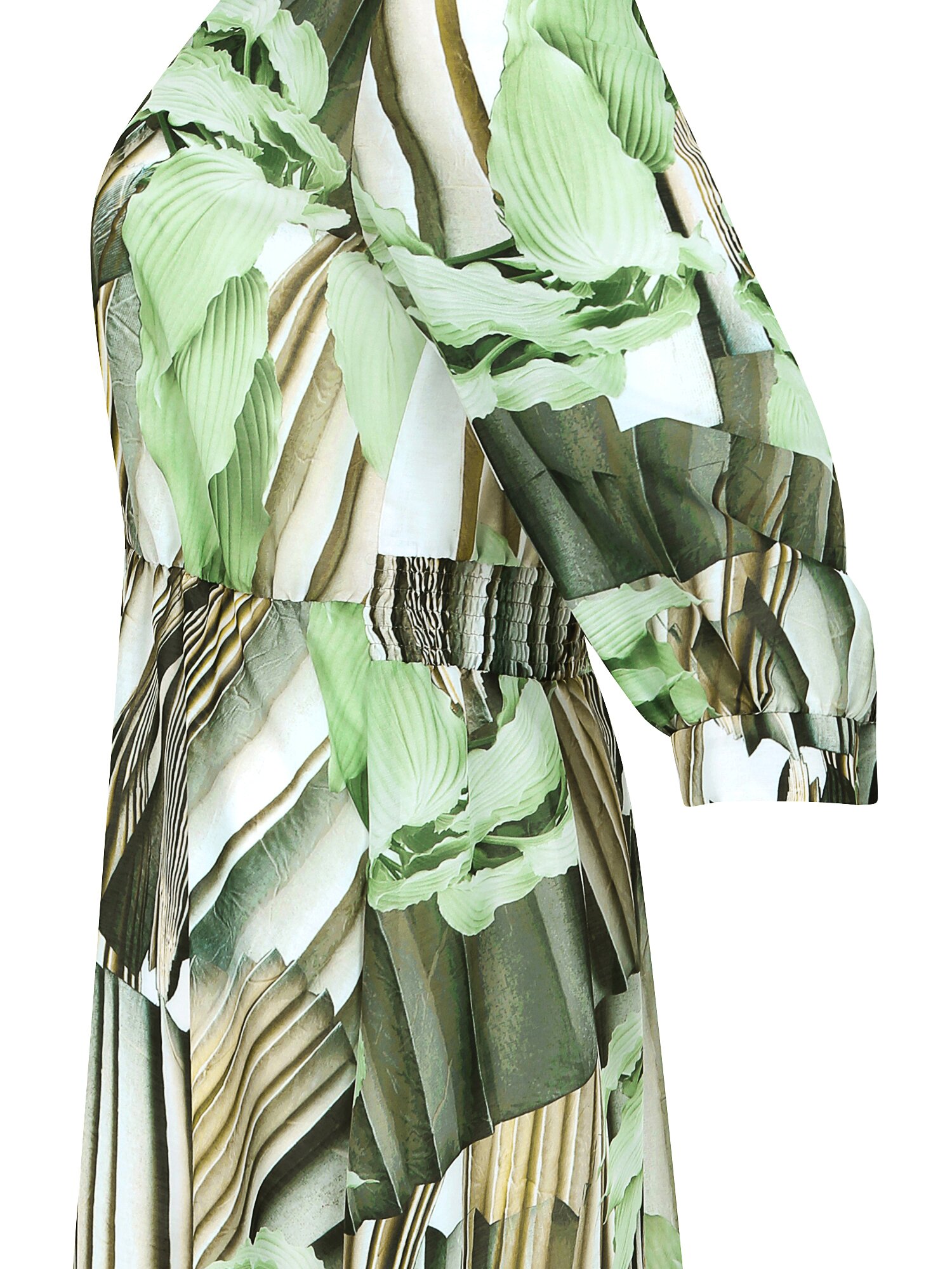 백 스모킹 오픈 칼라 플레어 원피스 (PRINT GREEN)