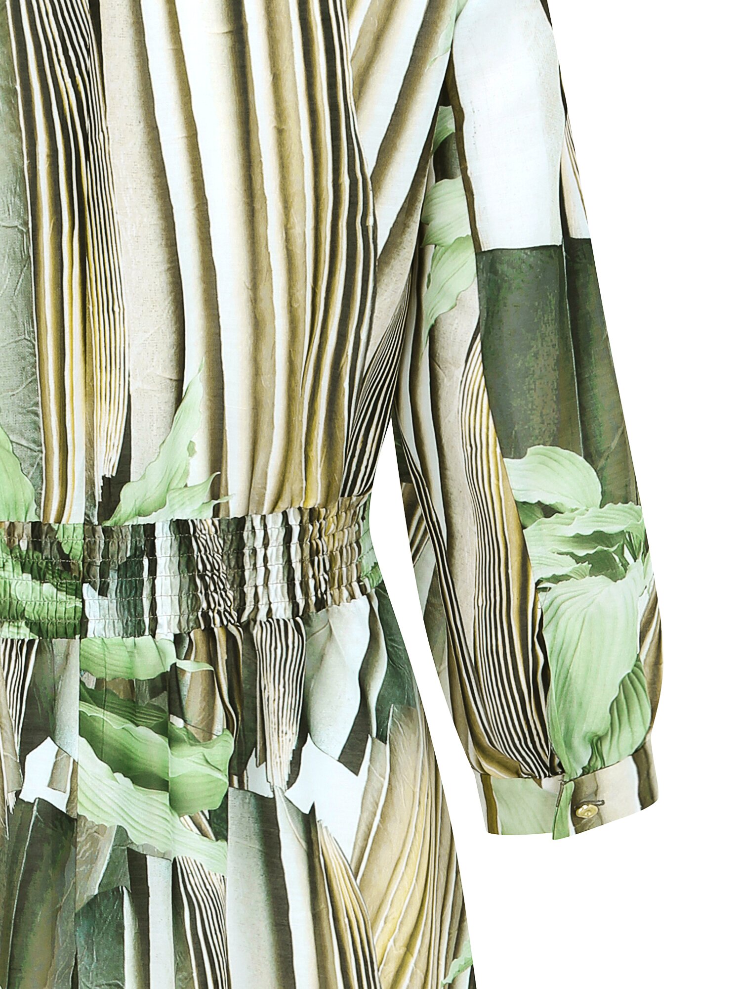 백 스모킹 오픈 칼라 플레어 원피스 (PRINT GREEN)