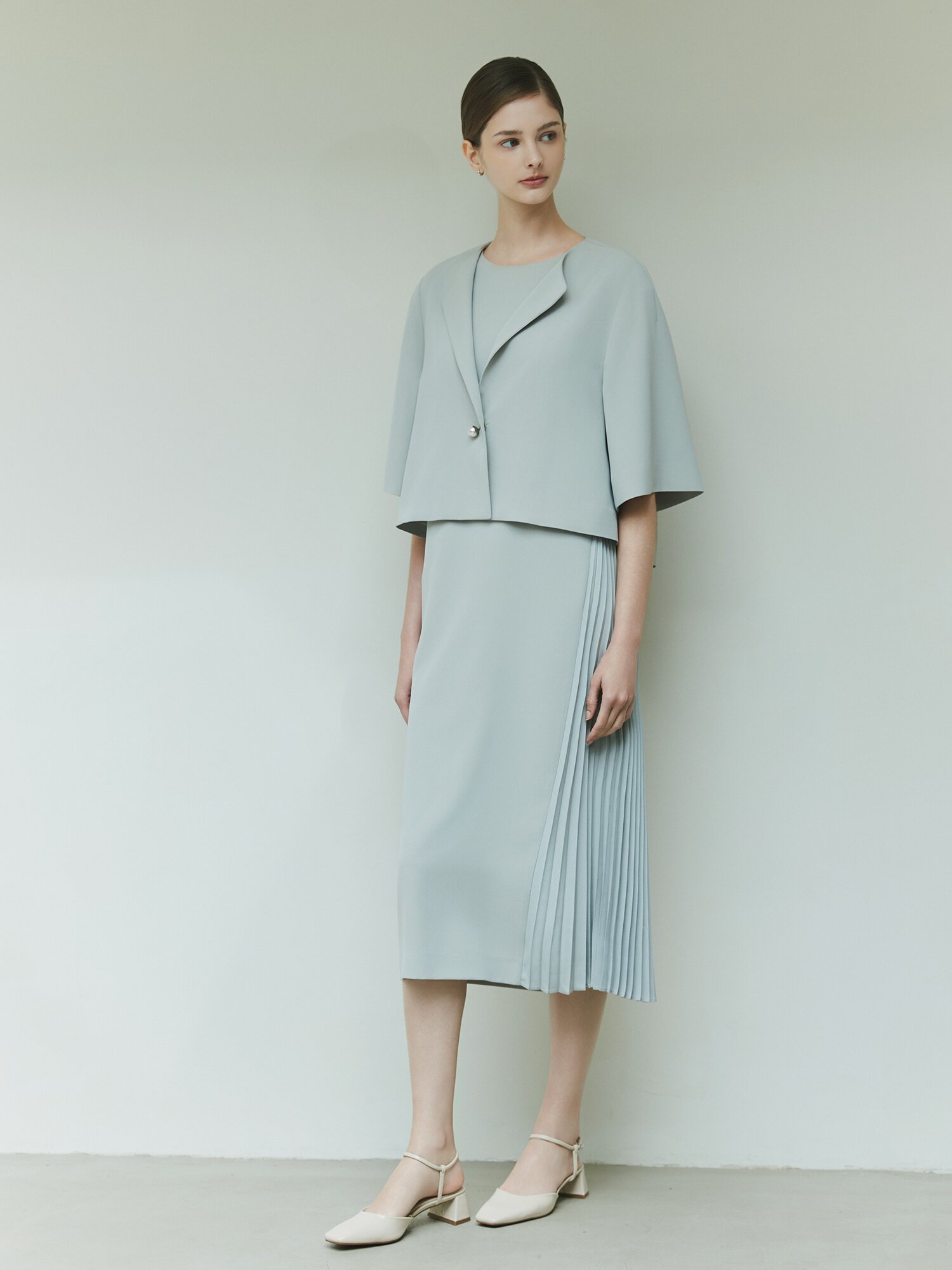 플리츠 배색 원피스 +재킷 세트 (MINT)