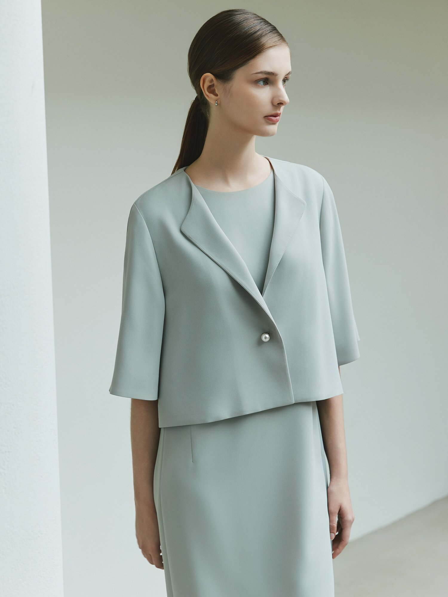 플리츠 배색 원피스 +재킷 세트 (MINT)