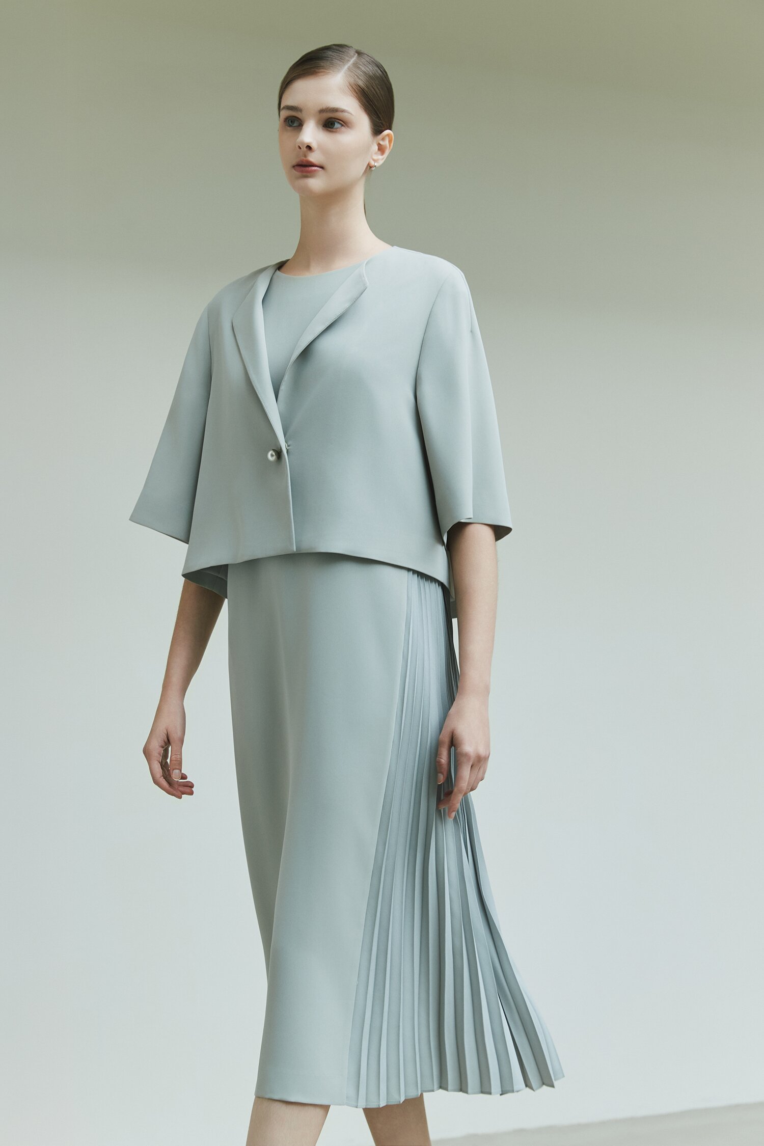 플리츠 배색 원피스 +재킷 세트 (MINT)