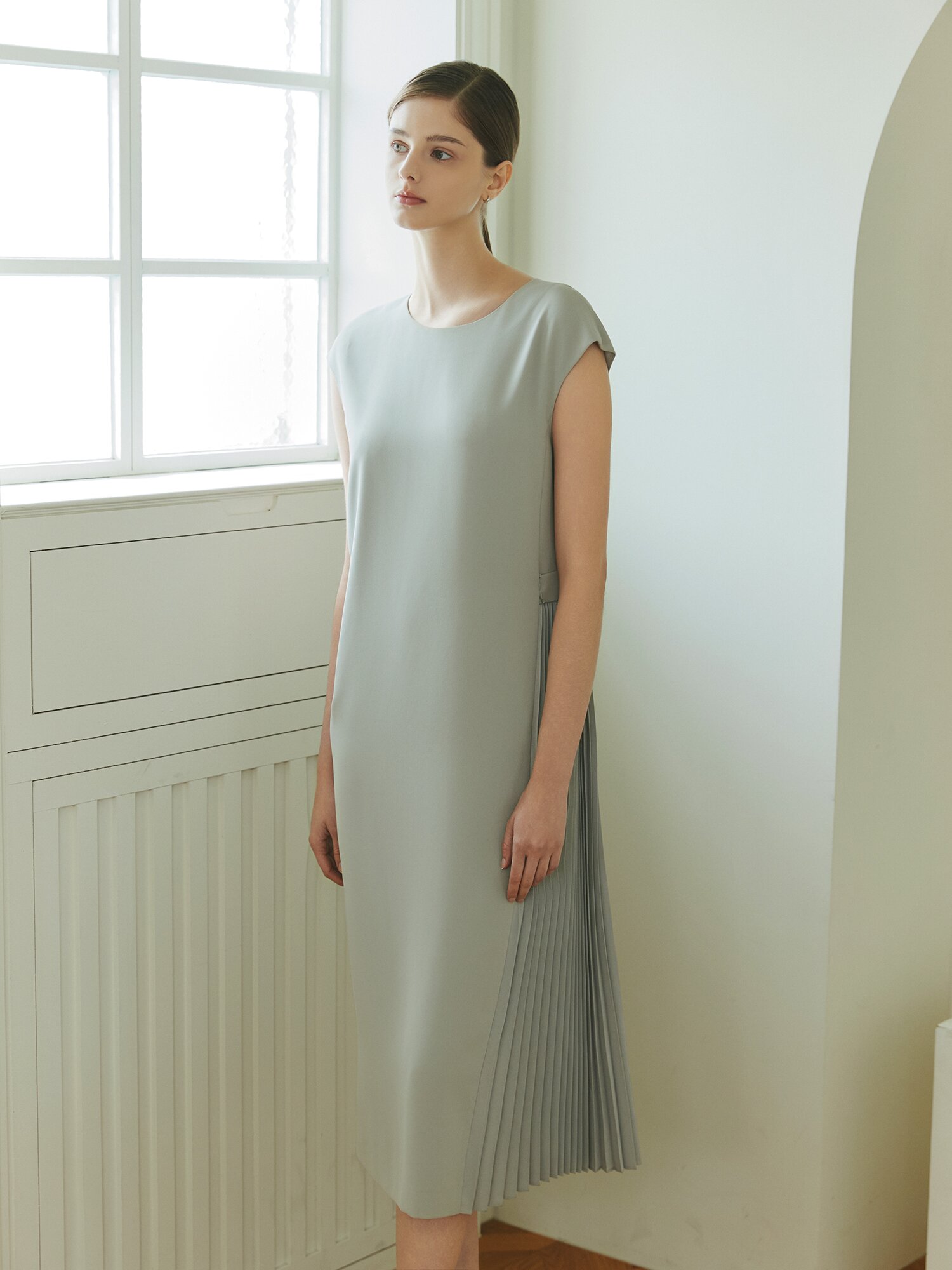 플리츠 배색 원피스 +재킷 세트 (MINT)