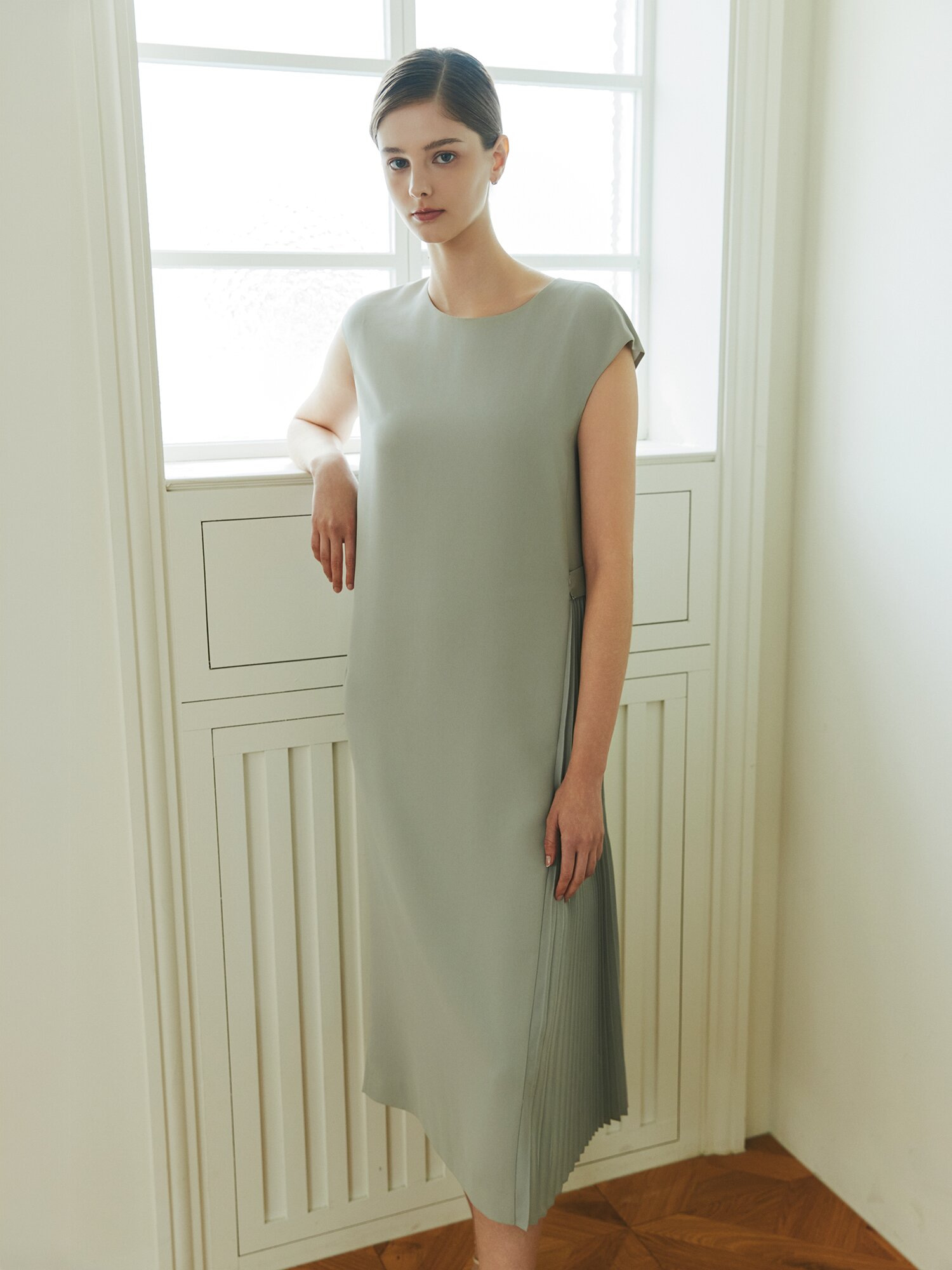 플리츠 배색 원피스 +재킷 세트 (MINT)