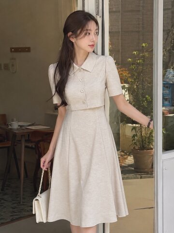 버튼 장식 칼라 플레어 원피스 