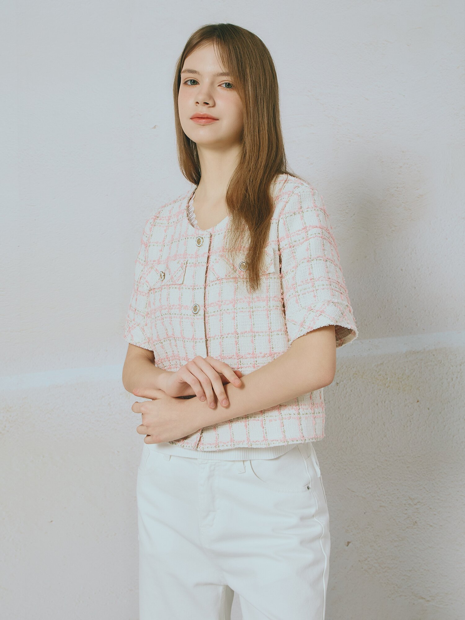 라운드넥 트위드 하프 재킷 (PINK)