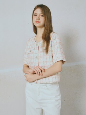 라운드넥 트위드 하프 재킷 