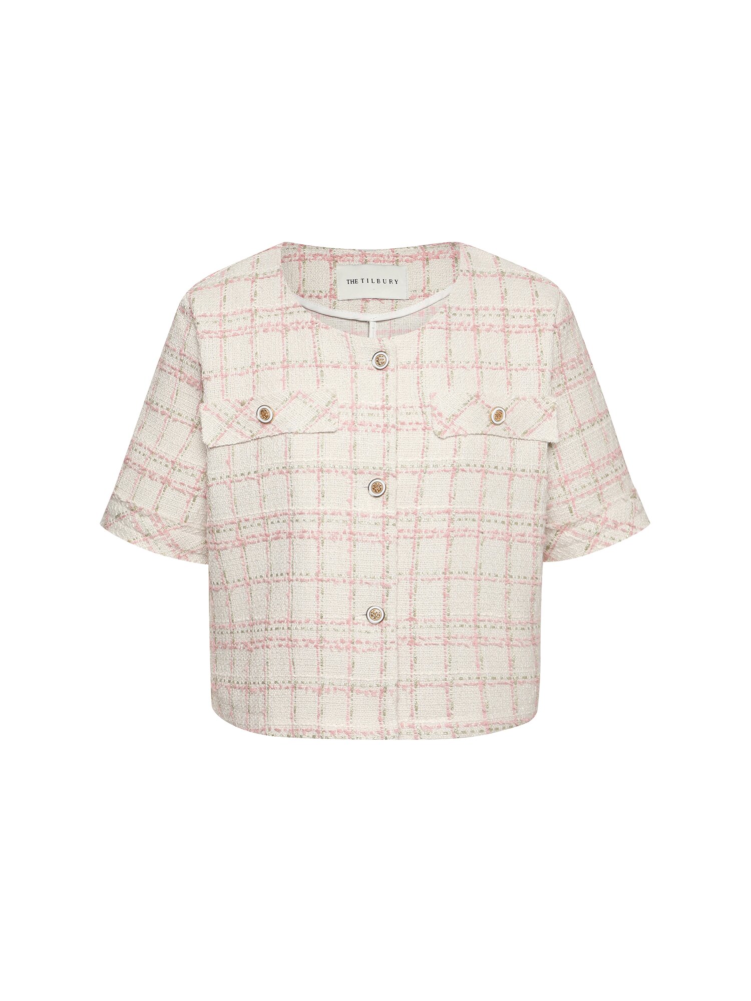 라운드넥 트위드 하프 재킷 (PINK)