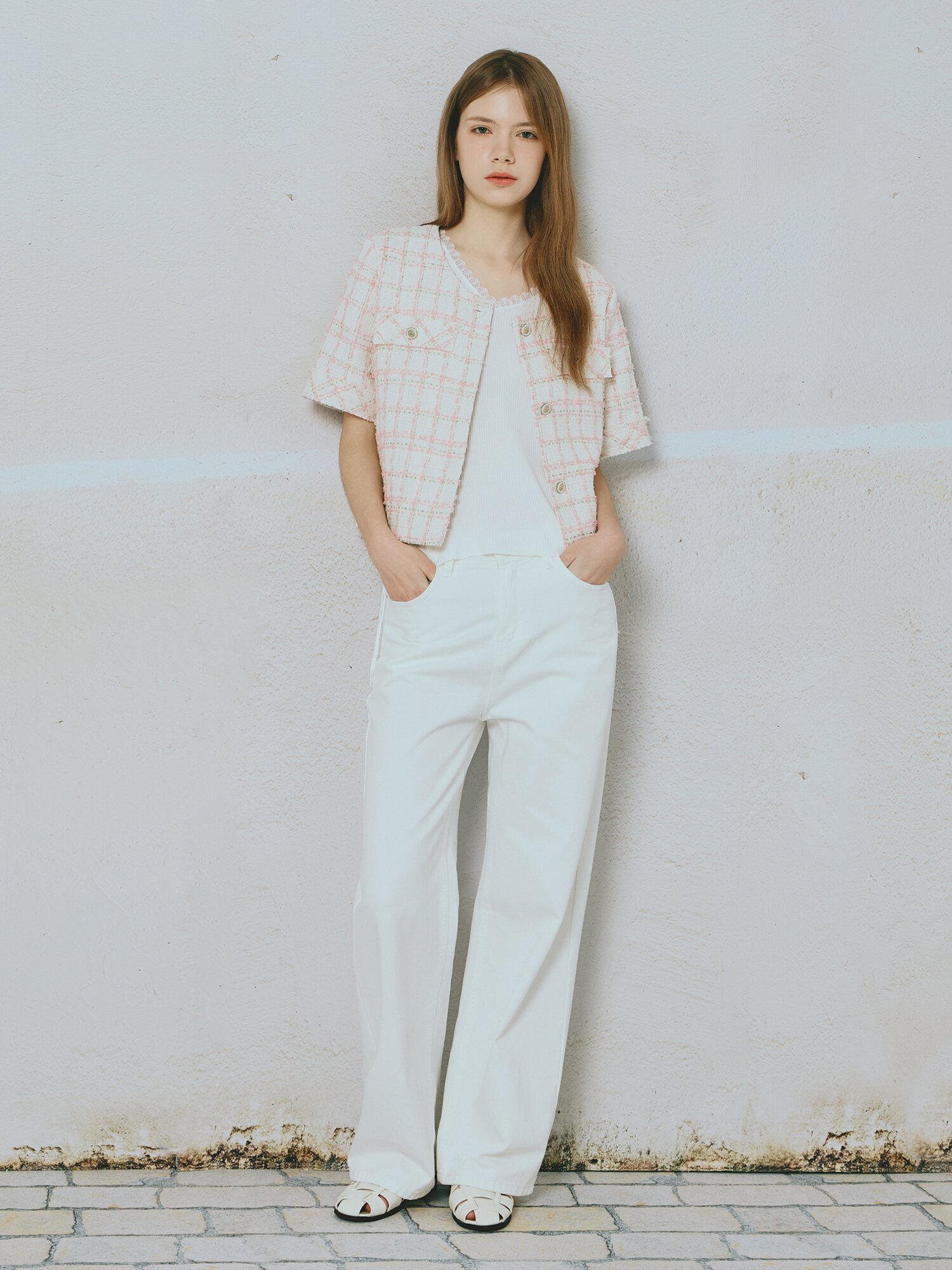 라운드넥 트위드 하프 재킷 (PINK)