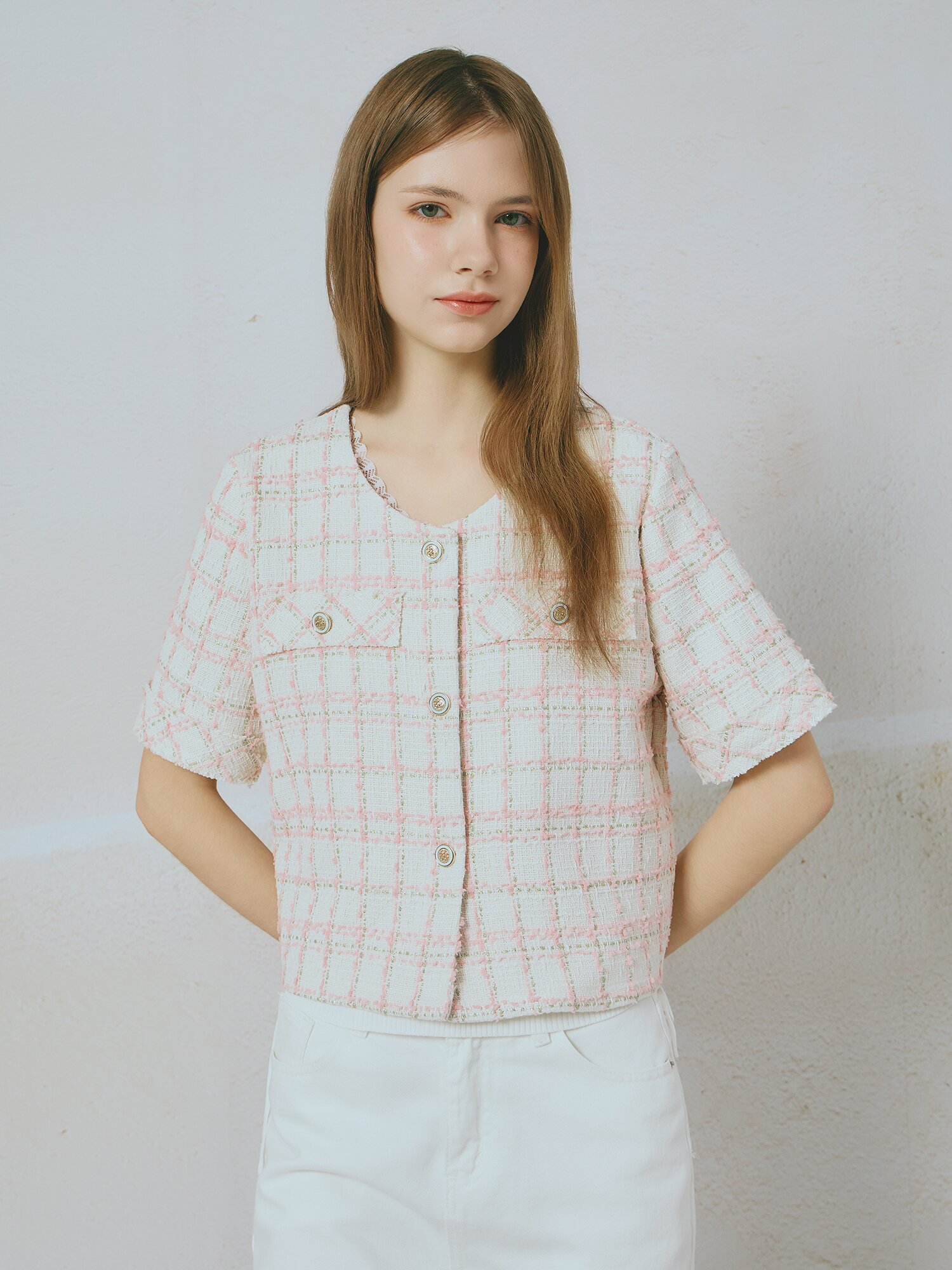 라운드넥 트위드 하프 재킷 (PINK)