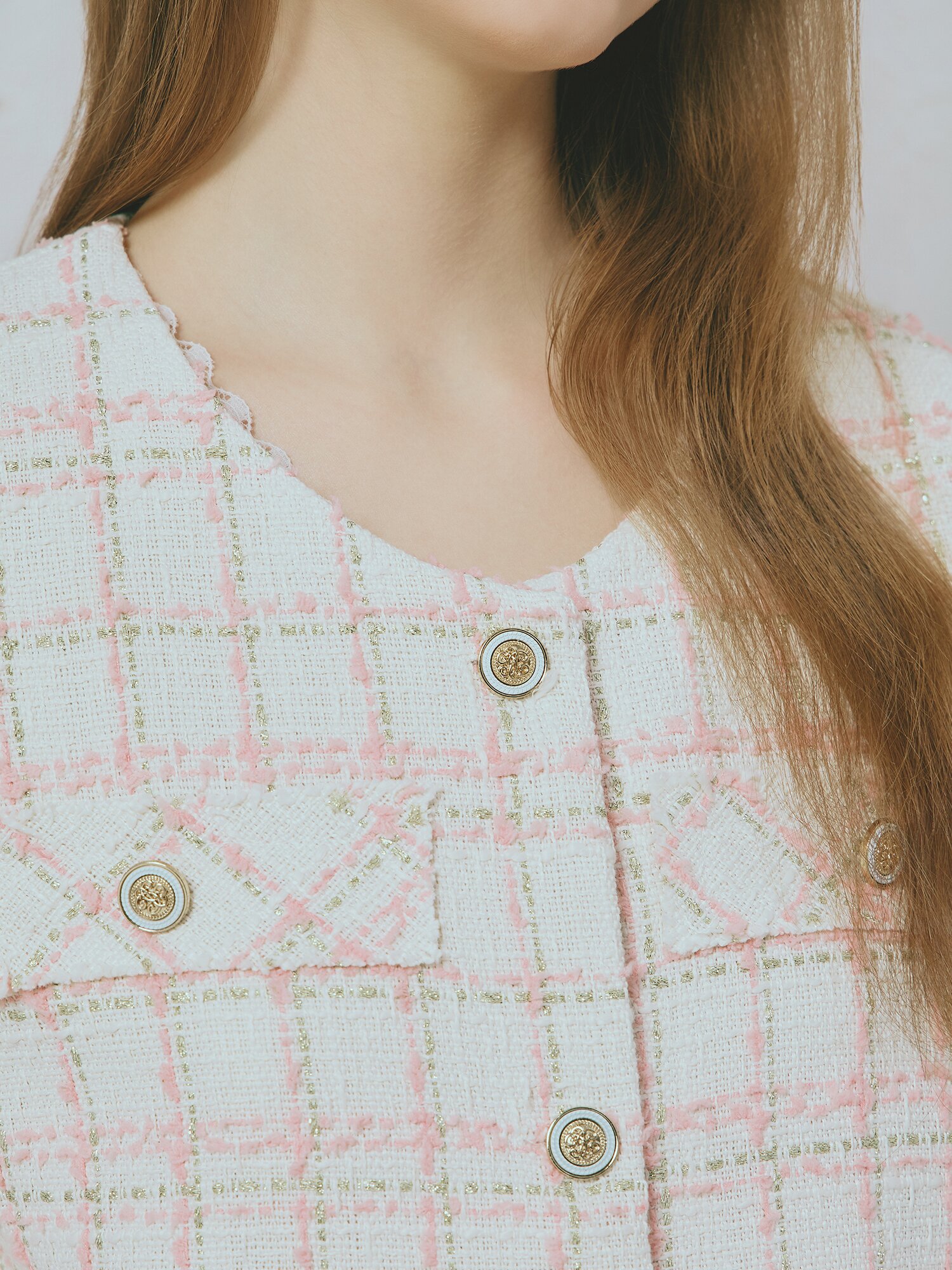 라운드넥 트위드 하프 재킷 (PINK)