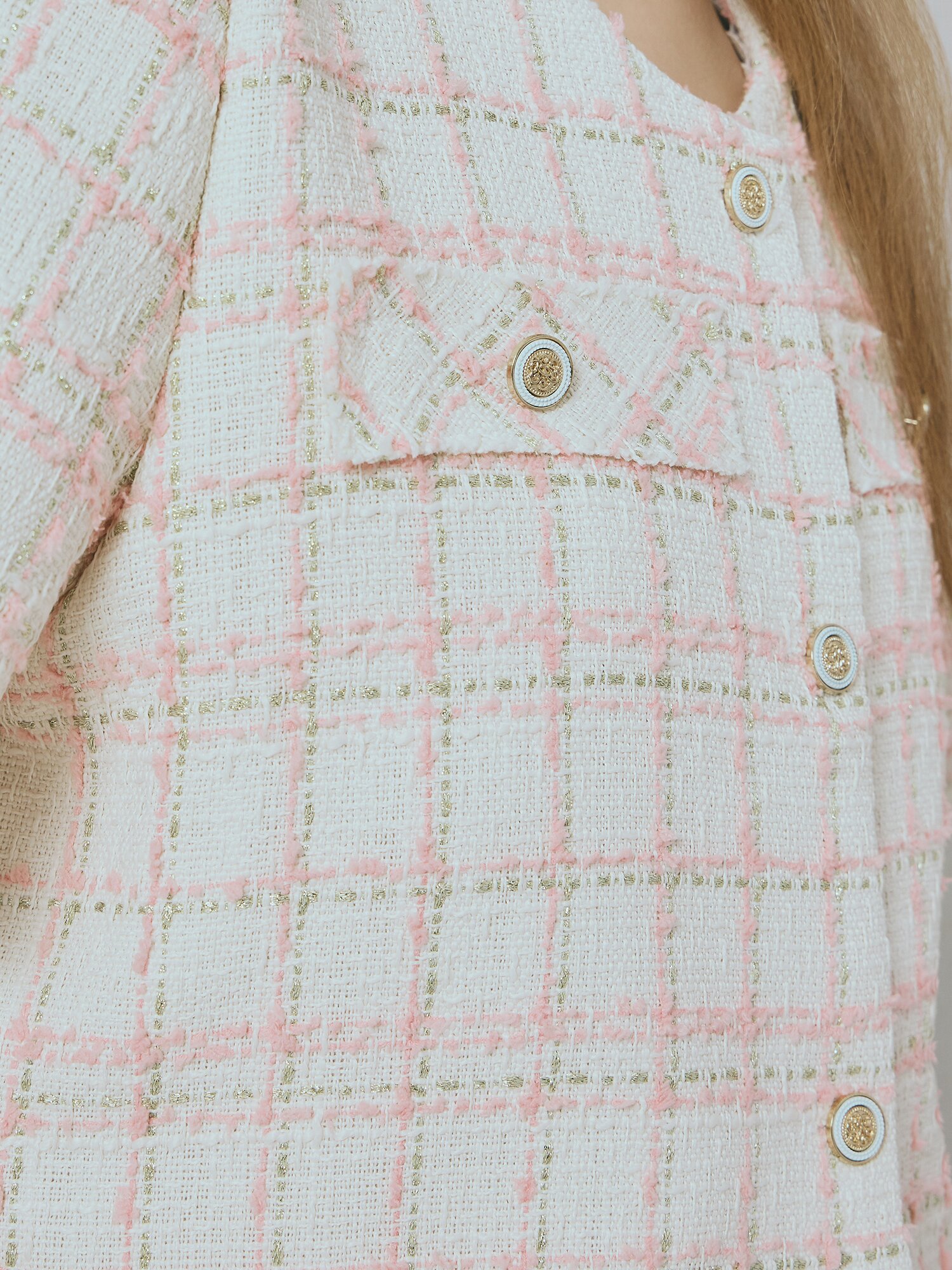 라운드넥 트위드 하프 재킷 (PINK)