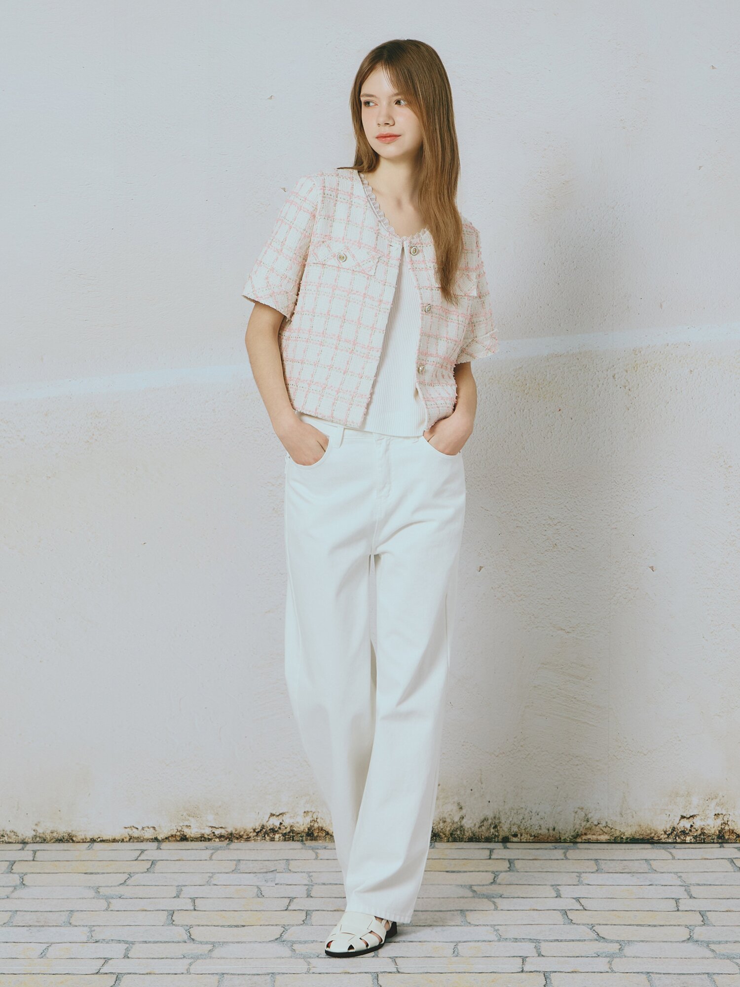 라운드넥 트위드 하프 재킷 (PINK)