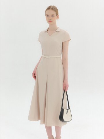 Open Stand-Collar Flare Long Dress / Beige(2color)