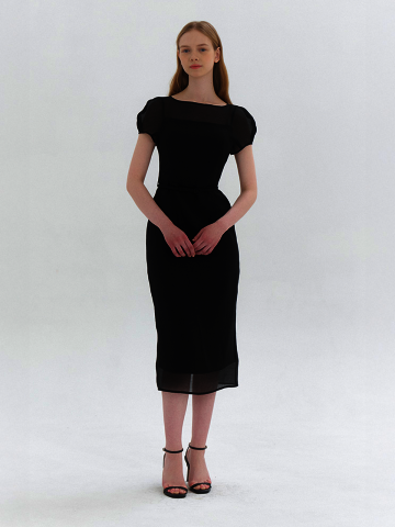 Chiffon Puff Cap-Sleeve Slim Dress / Black(2color)