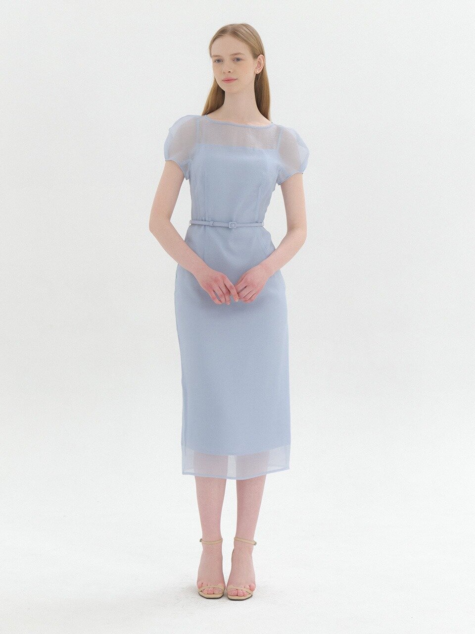 Chiffon Puff Cap-Sleeve Slim Dress / Blue(2color)