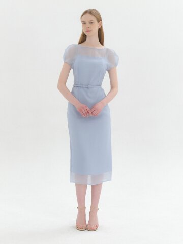 Chiffon Puff Cap-Sleeve Slim Dress / Blue(2color)