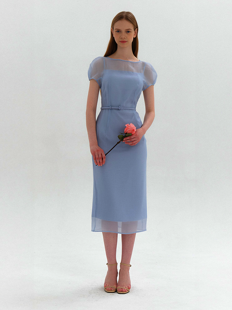 Chiffon Puff Cap-Sleeve Slim Dress / Blue(2color)