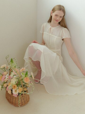 Chiffon Ruffle Pleated Long Dress / Ivory(3color)