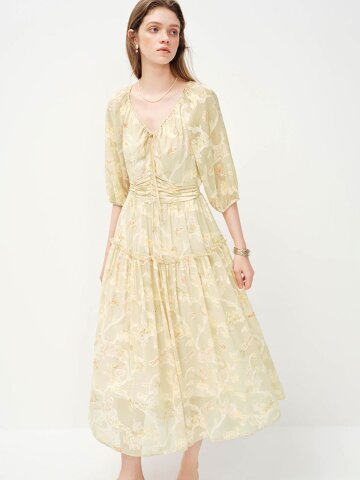 WD_Puff sleeve shirring long dress_2color