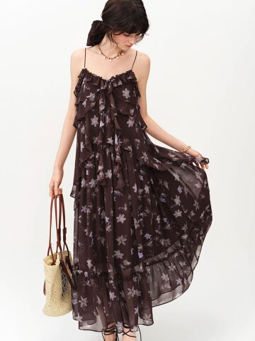 WD_Layered ruffle floral chiffon dress_BROWN