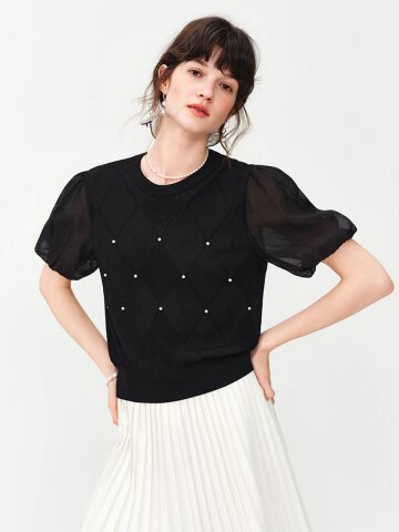 WD_Beaded sheer puff sleeve knit top_2color