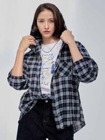 네이론 타탄 체크 후드 셔츠