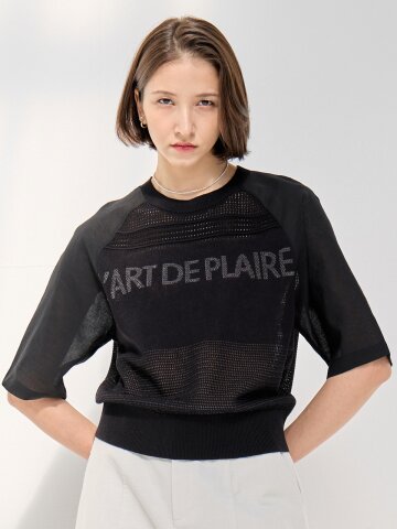 로에드 배색 시스루 반팔 니트