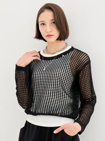 자비온 메쉬 시스루 크롭 긴팔 니트