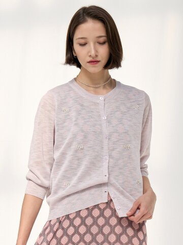 르벨리 리본 자수 시스루 니트 가디건