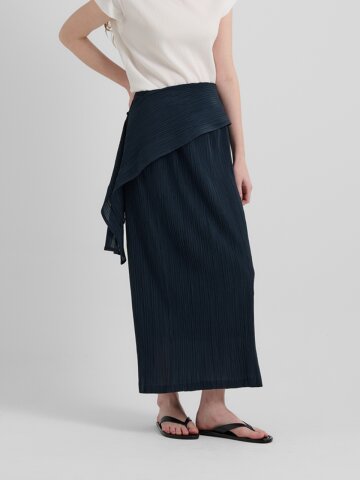 LU WRAP LAYERED PLEATS LONG SKIRT –NAVY