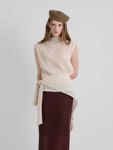 LU WRAP DETAIL PLEATS SLEEVELESS TOP –L/BEIGE