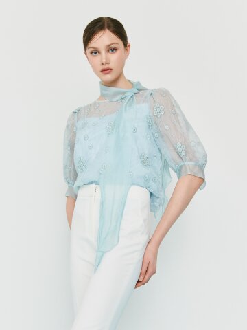 타이 자수 볼륨 슬리브 블라우스 