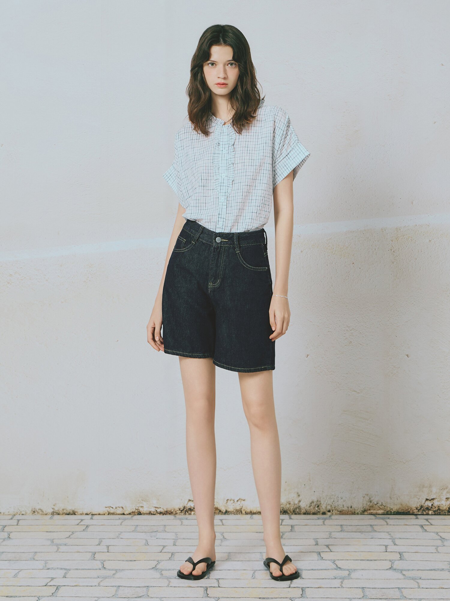 워싱 4부 숏 데님팬츠 (NAVY)