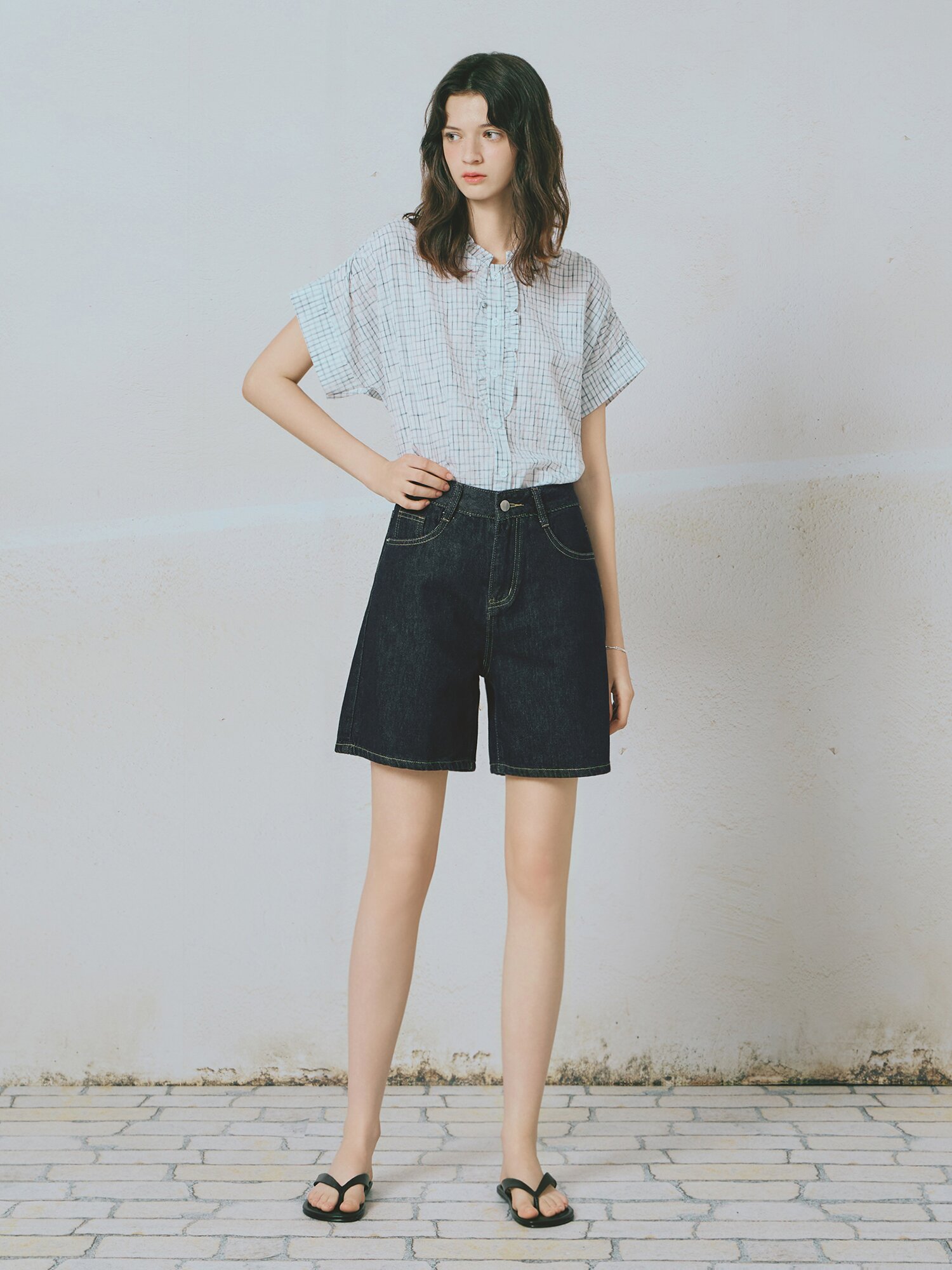워싱 4부 숏 데님팬츠 (NAVY)
