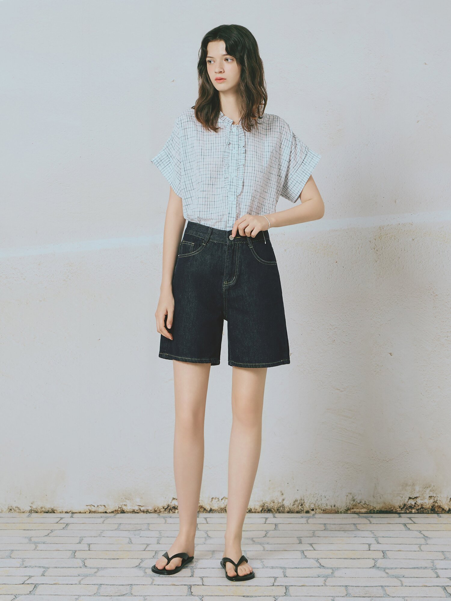 워싱 4부 숏 데님팬츠 (NAVY)