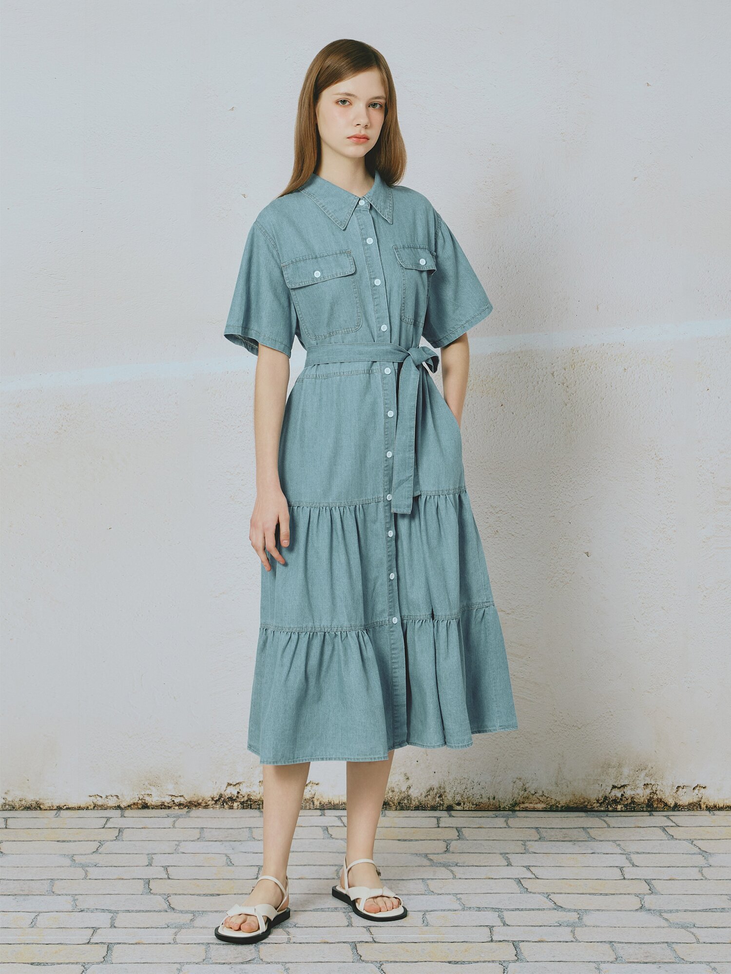 벨티드 플레어 데님 원피스 (BLUE)