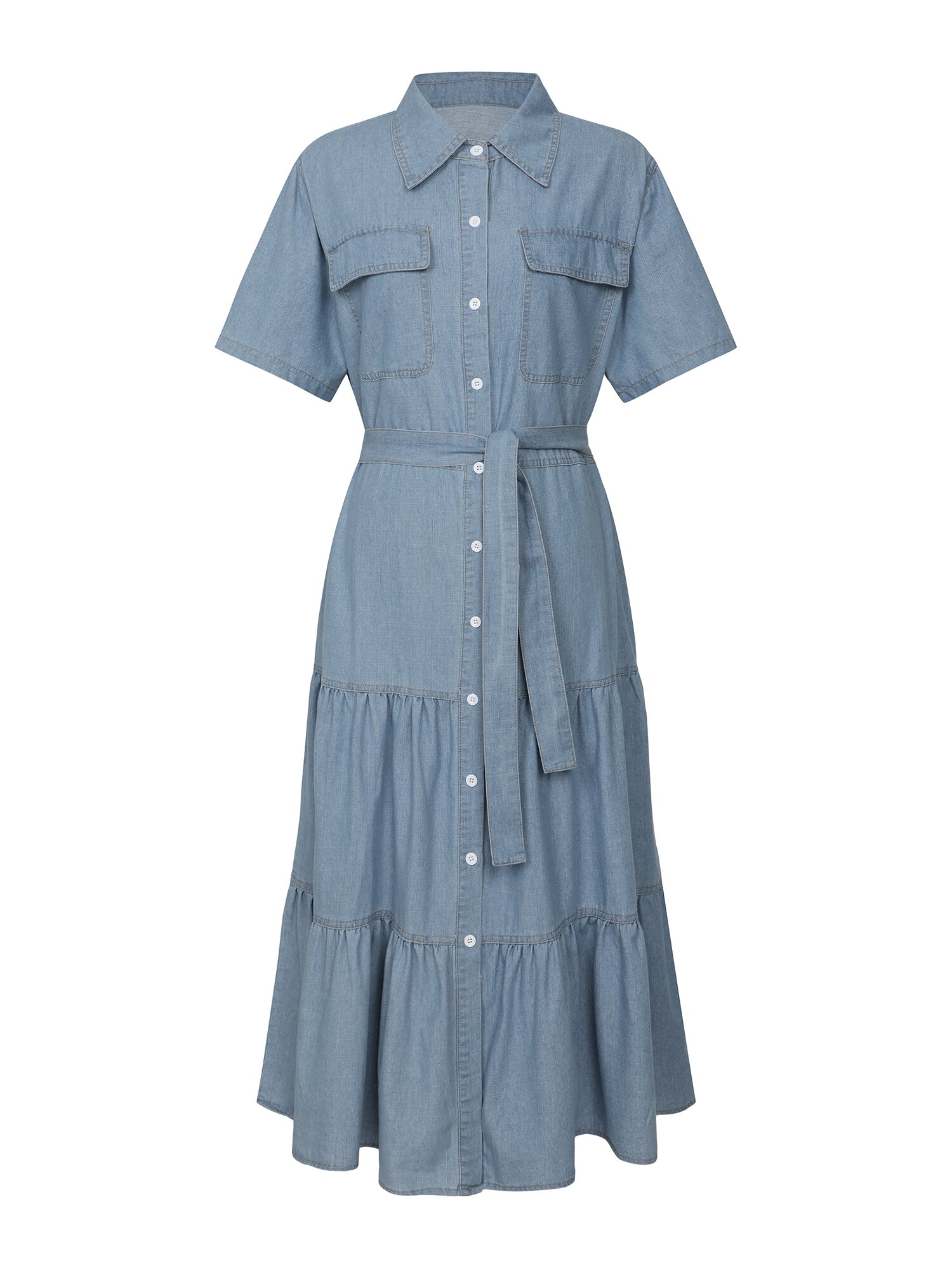 벨티드 플레어 데님 원피스 (BLUE)