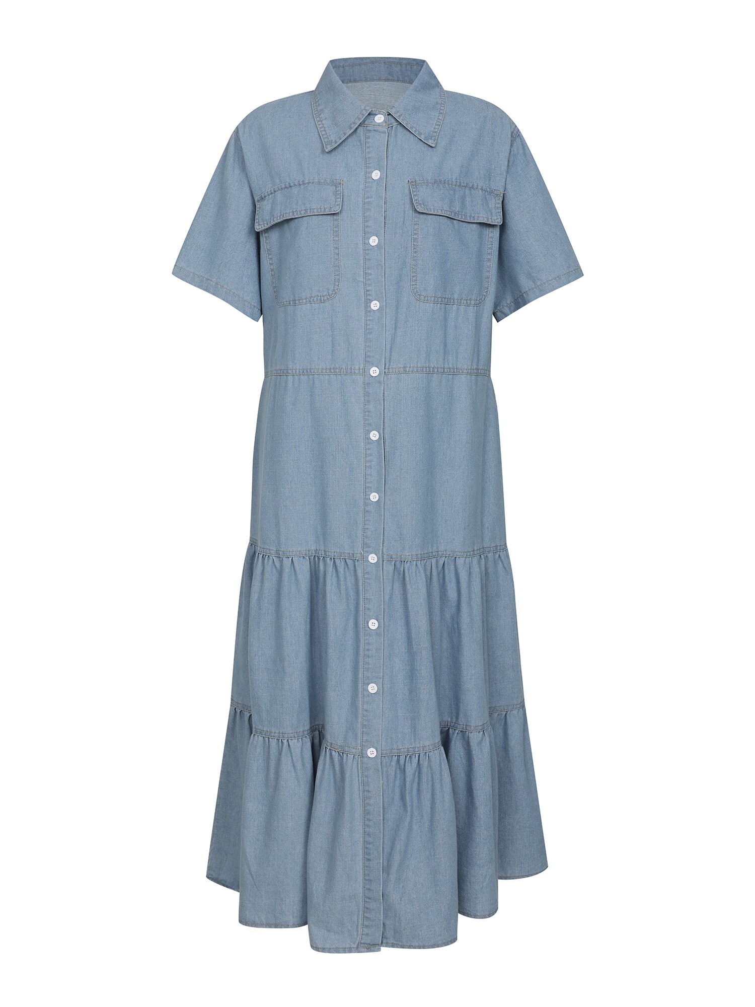 벨티드 플레어 데님 원피스 (BLUE)