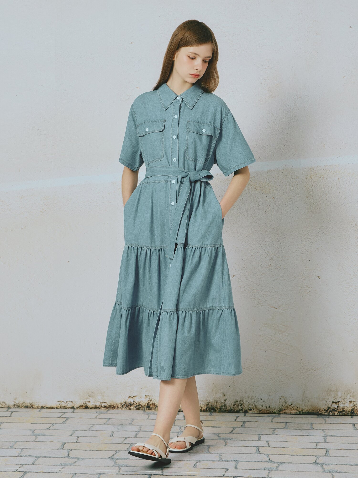 벨티드 플레어 데님 원피스 (BLUE)