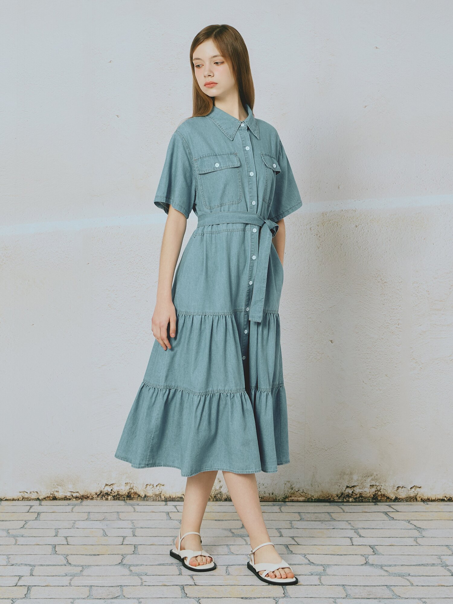벨티드 플레어 데님 원피스 (BLUE)